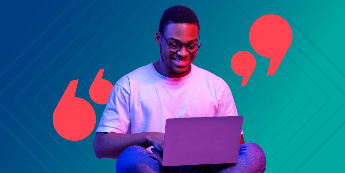 Man sitting with crossed legs, laptop of lap, and smiling - with question marks appearing on top of hands. Colourful background.